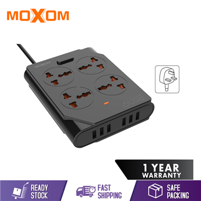 Picture of MOXOM POWER STRIP 4 UNIVERSAL SOCKET WITH 6 USB OUTPUT 3.4A UK PLUG (1.5M) KH-63