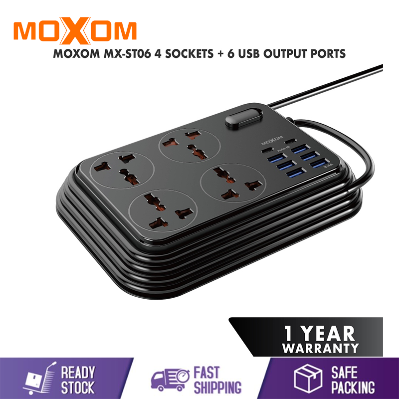 Wahlee Online Store. Moxom Wall Extension Plug Cord with 4 Socket Outlets  and 6 USB and 2 PD Charge 3.4A (2m) MX-ST06