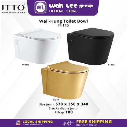 Show details for ITTO 180MM P TRAP WALL-HUNG TOILET BOWL RIMLESS FLUSHING IT-115 White Gold Black Picture of ITTO 180MM P TRAP WALL-HUNG TOILET BOWL RIMLESS FLUSHING IT-115 White Gold Black
